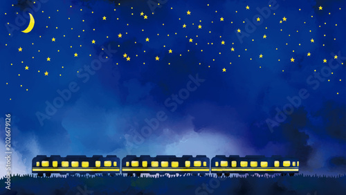Quadro em tela 水彩風 かわいい星空と三日月と電車のほのぼの夜景(16:9) Night view Series:A watercolor-style, charming ni