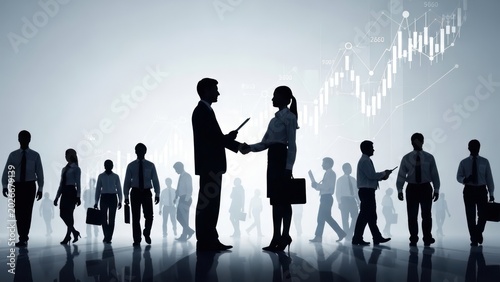 Silhouetted professionals engaging in negotiation amid positive financial growth backdrop