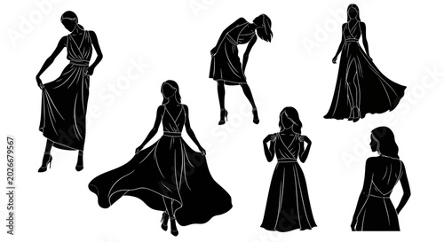 Fashion model silhouette set in elegant evening gowns