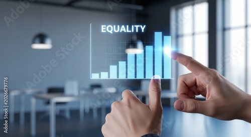Person interacting with digital equality chart interface in modern office, for social justice, fair opportunities, balanced growth, corporate diversity initiatives