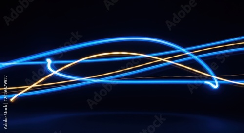 Blue gold light trails curving across dark background, for high speed connectivity, futuristic data transmission, seamless flow digital energy in modern network