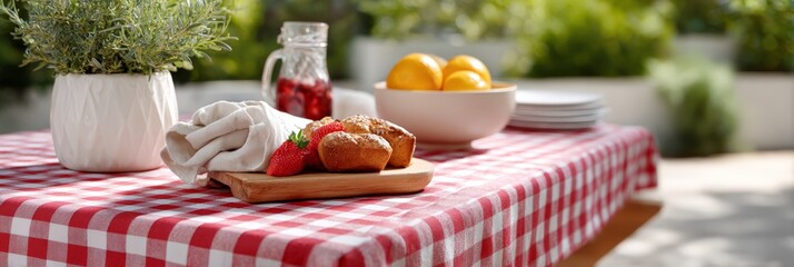 Festive picnic table with gingham tablecloth croissants strawberries and citrus bowl for juneteenth celebration setup background and party decoration