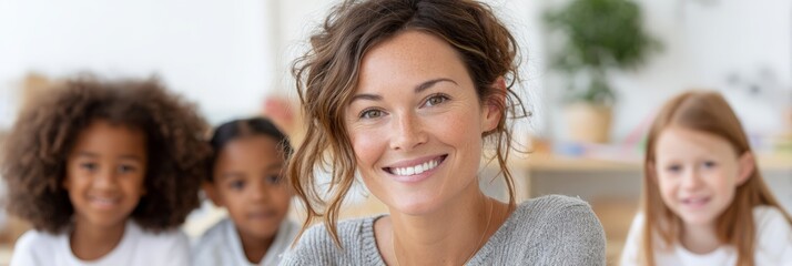Elementary classroom teacher with smiling students for juneteenth education banner background and inclusive school resource design
