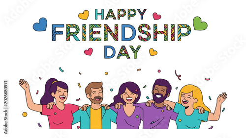 Foto Happy Friendship Day: A vibrant illustration celebrating Friendship Day, featuring a diverse group of smiling friends embracing each other amidst colorful confetti and heartfelt hearts