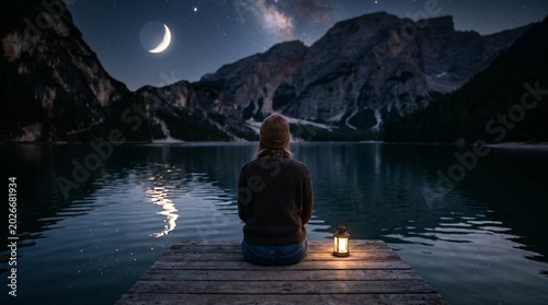 Woman sitting on a wooden dock at night looking at the crescent moon and starry sky above a mountain lake