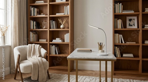 Minimalist home office with large wooden bookcases, a modern marble desk, and a cozy armchair. Contemporary study room interior.