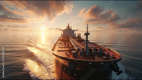 An oil tanker sails across the ocean at sunrise; a concept for global energy transportation. Realistic marine photography.