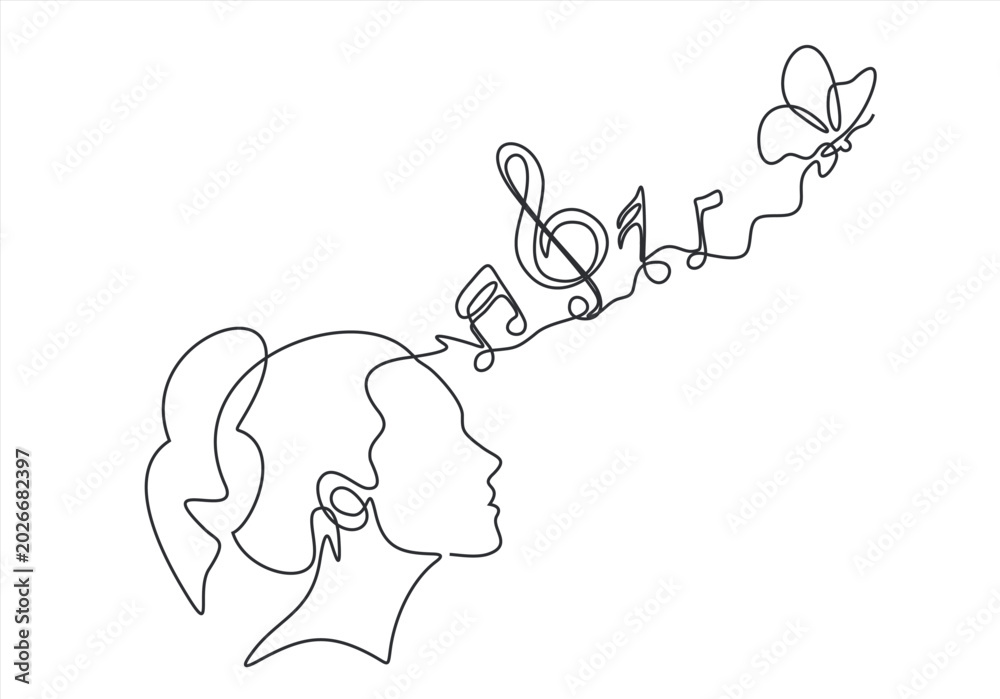 Obraz premium Woman listening to music with notes and butterfly one line drawing