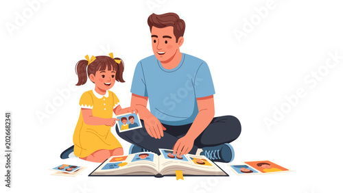 Tableau sur toile Father and Daughter Cherish Memories: A father and his young daughter sit together, looking through a photo album filled with cherished moments