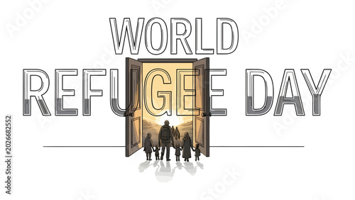 Foto World Refugee Day: A powerful visual representation for World Refugee Day, depicting a family silhouetted against an open doorway, symbolizing hope and passage towards a brighter future