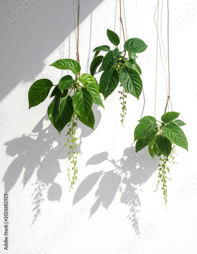 Hanging green plants with shadows on white background for decorative concept
