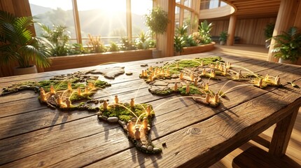 World map made of green plants and glowing lights on a rustic wooden table in a sunlit room.