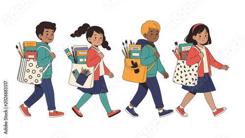 Bilde på lerret Back to School Adventure: A diverse group of cheerful children, loaded with backpacks and art supplies, stride purposefully, ready for a day of learning and creativity