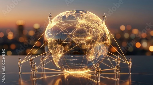 Global Business Networking and Technology Connectivity Concept with Glowing Earth and Human Figures.