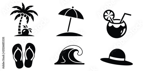 Foto Tropical Beach Vacation Icons with Palm Tree, Coconut Drink, Flip Flops and Beac