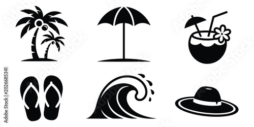 Fotografía Tropical Beach Vacation Icons with Palm Tree, Coconut Drink, Flip Flops and Beac