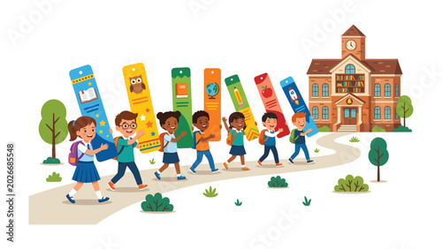 Slika na platnu A Bright Future Awaits: Diverse children, hand in hand and backpacks slung, excitedly march towards a grand school building, each holding a book aloft like a colorful banner