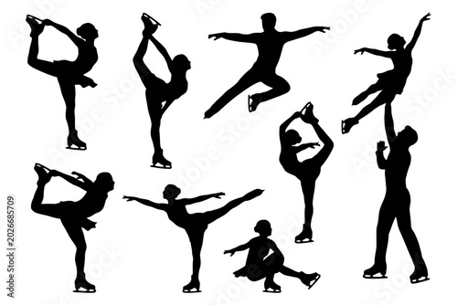 Silhouettes of male and female figure skaters in various poses.