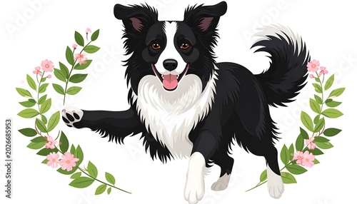 Happy border collie dog illustration with floral wreath and copy space