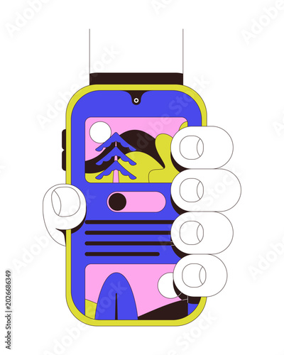 Showing phone in portrait mode with app interface neubrutalism instruction graphic. Blog post with toggle switch. Mobile interaction. Smartphone feature. Tutorial UI design. Flat 2D illustration