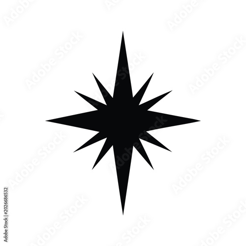 Black and white starburst silhouette vector illustration with sharp points, christmas star shining bright silhouette vector illustration