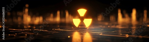 A glowing light radiation or nuclear symbol enclosed within a digital HUD circle, reflective high-tech grid surface, creating an atmosphere of caution, nuclear energy, cybersecurity crisis.