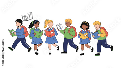 Foto Young Scholars on the Move: A group of diverse elementary school students, backpacks on, walk animatedly while engrossed in reading books