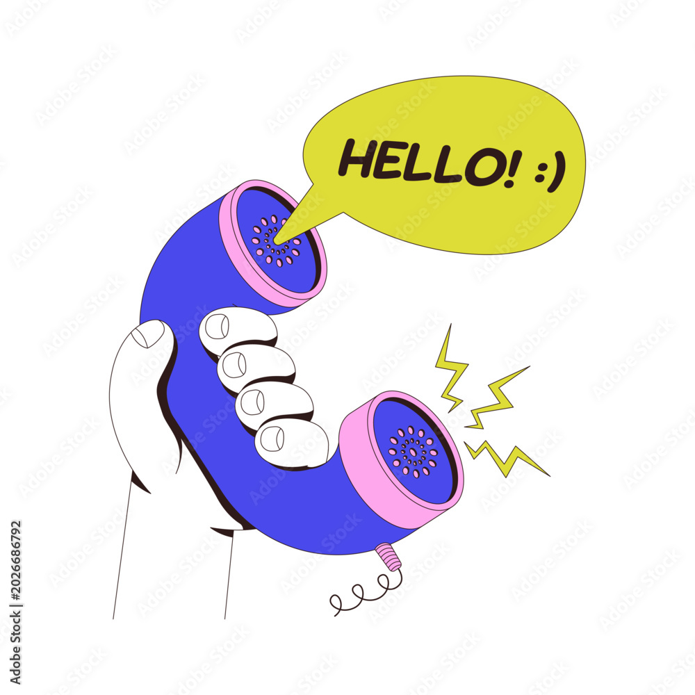 Fototapeta premium Retro telephone handset with hello speech bubble neubrutalism onboarding illustration. Vintage calling. Receiver greeting. Web design UI. Flat vector concept. Mobile app intro. Micro UX scene