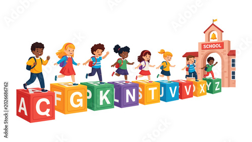 Φωτογραφία Alphabet Adventure: A line of diverse children joyfully stride across oversized alphabet blocks, each adorned with a letter, on their way to a charming school building