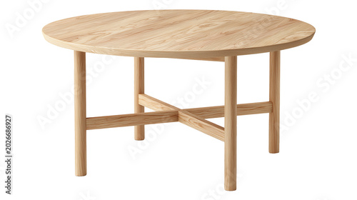 Round Light Oak Wooden Table with Crossbar Support Legs PNG on Transparent Background