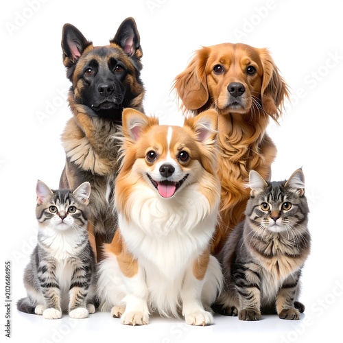 Group of domestic dogs and cats posing together on white background