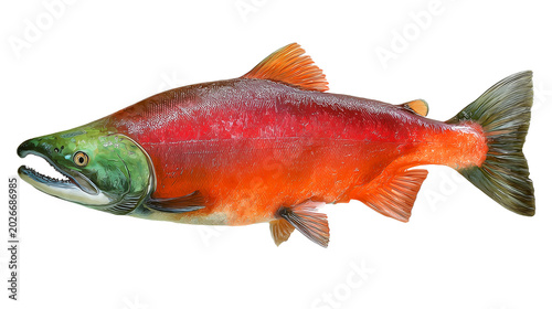 Realistic Sockeye Salmon Illustration with Vivid Spawning Colors PNG on Transparent Background