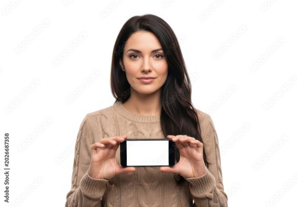 Fototapeta premium Woman holding smartphone with neutral expression