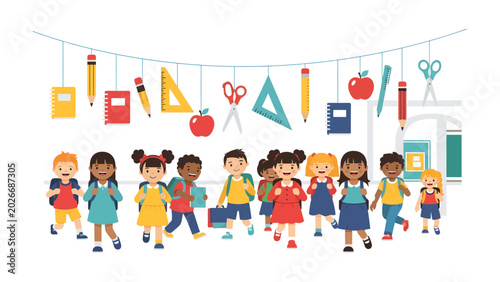 Foto Back to School Fun: A vibrant collection of diverse elementary school children, each with their own backpack and bright smile, march forward beneath a garland of school supplies