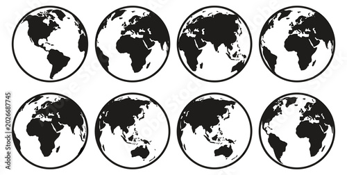 Foto World globe collection with different earth map views, vector geography icons, p