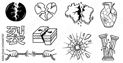 Tableau sur toile Crack and fracture vector icon set with broken objects, shattered glass, seismic