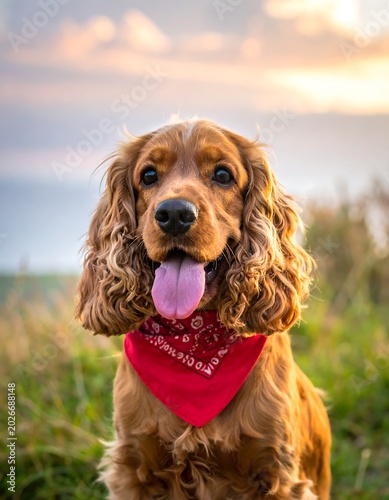 Happy cocker spaniel dog portrait outdoors with red bandana and tongue