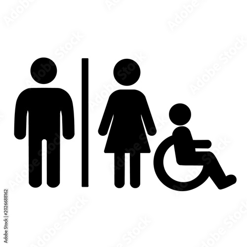 Black male female wheelchair restroom symbol icon sign for accessible bathroom signage. Suitable for inclusive restroom design and accessibility concepts.