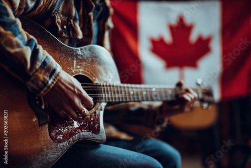 Playing guitar in front of Canadian flag while celebrating music and culture in a cozy indoor setting with friends gathered around