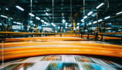 Blurred orange paper motion inside industrial printing hall, ideal for abstract media production, publishing themes, and business backgrounds.