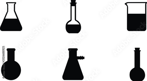 Vector laboratory glassware icon set, Flasks, Test Tubes, and beakers .laboratory beaker , black vector icon set collection , isolated on transparent  background.