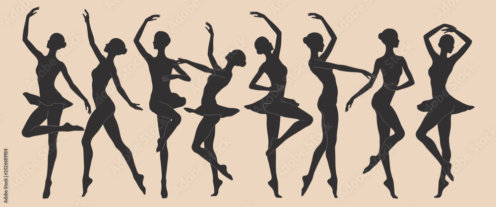 Fototapeta premium Silhouette Of Ballerinas In Various Poses On A Beige Background ballet dancers