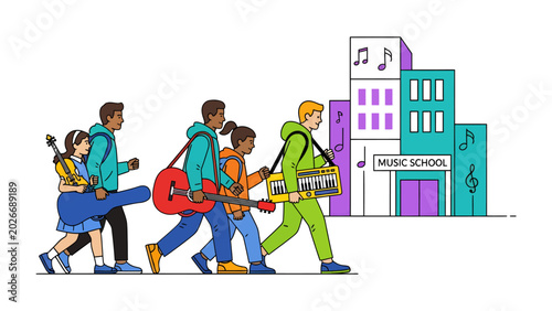 Obraz na plátně Young Musicians En Route to Music School: A diverse group of energetic young students, each carrying musical instruments, proudly walk towards a vibrant building labeled Music School
