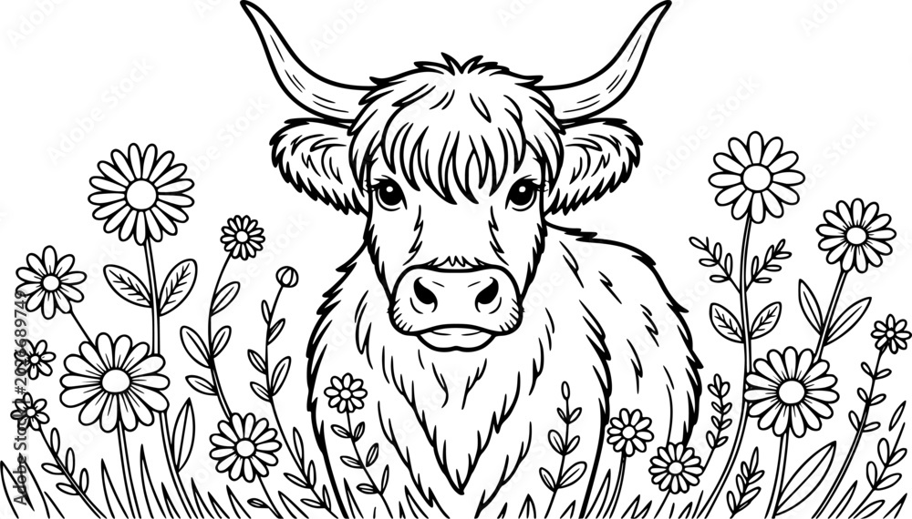 Fototapeta premium Cute Highland Cow Sitting in a Field of Wildflowers Black and White Line Art, Perfect for Coloring Page, Children's Book, Printable, and Farmhouse Decor Print