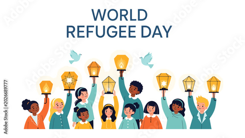 Canvas Print World Refugee Day: A diverse group of children, each holding a lantern aloft, stand together to commemorate World Refugee Day, symbolizing hope and unity for displaced people worldwide