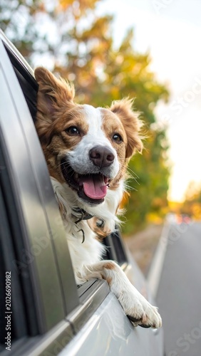 Happy dog enjoys ride with head out vehicle window blurred background
