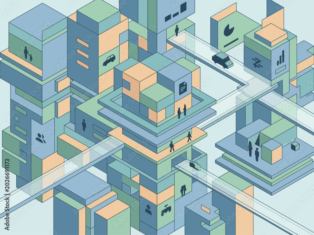 Fototapeta premium A stylized isometric illustration of city buildings.