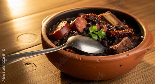 A hearty bowl of feijoada with sausage and herbs on a wooden table