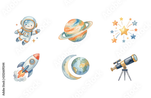 Watercolor space icon set with cute astronaut, rocket, and planets