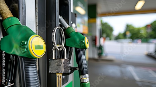 Symbolic image of fuel shortage  locked gas pump reflects energy crisis amidst greenery
